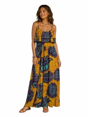 NWT Aryeh Boho Vibrant Paisley Floral Ruffle Tie Waist Maxi Dress